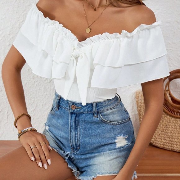 . Tops - White Boho Womens Solid Color Off Shoulder Neckline Backless T-Shirt